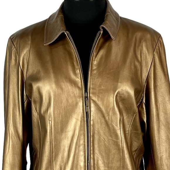 COLDWATER CREEK Y2K BRONZE METALLIC LEATHER ZIP UP COLLARED JACKET - Picture 8 of 15